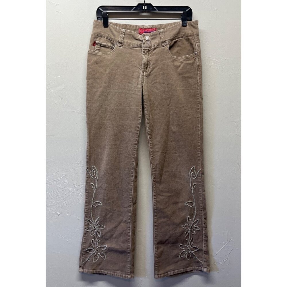 Vintage Y2K Pants Low Rise Corduroy Flared Embroidered Size 11 Tan Hot Kiss